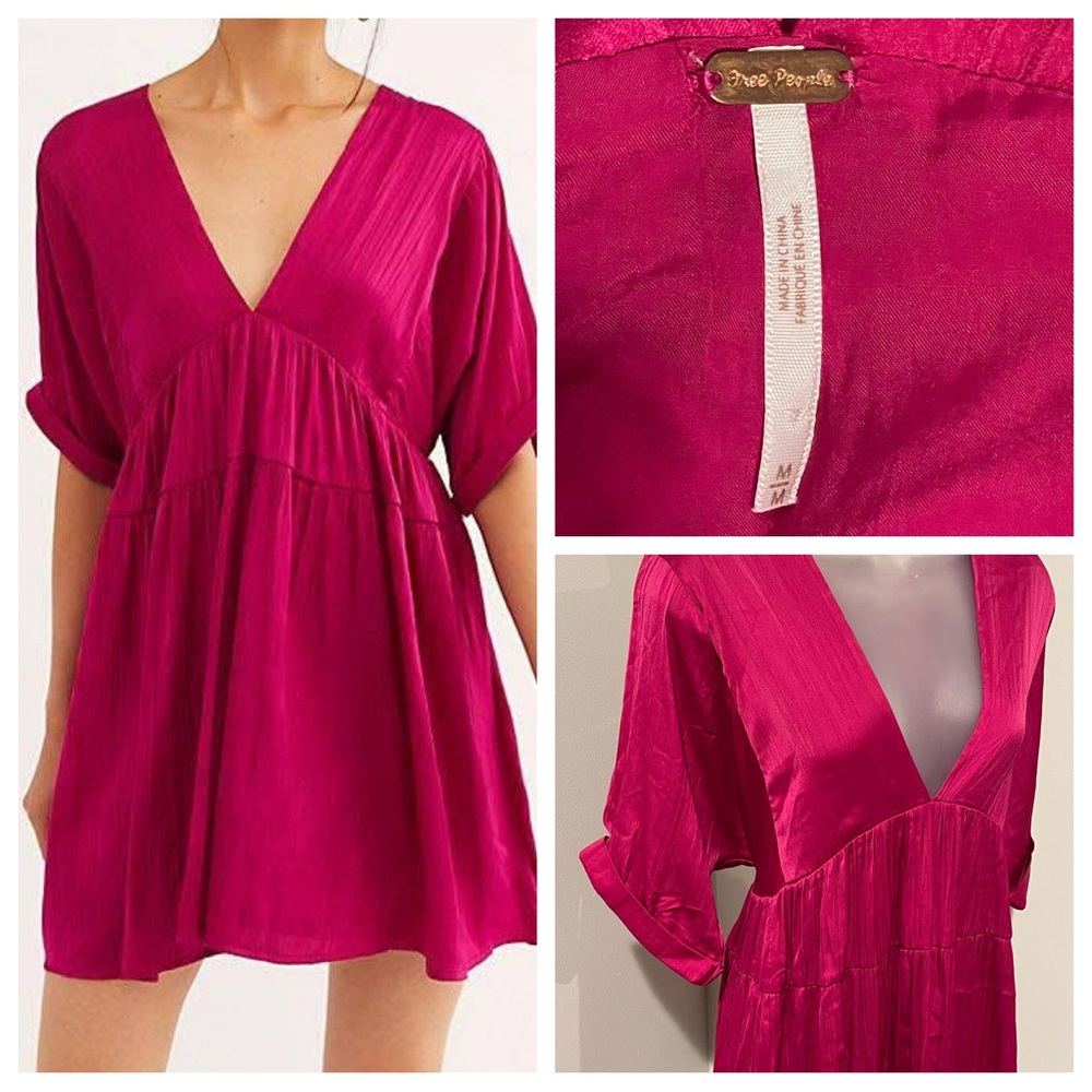 EUC Free People Silky Dark Pink Dress Boho Size Medium